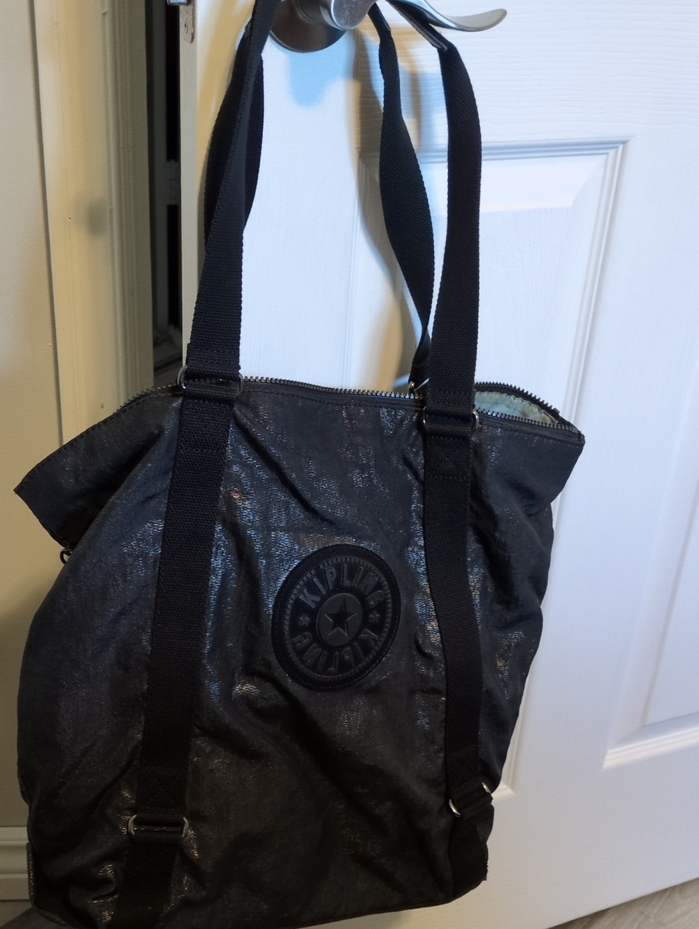 Kipling Shiny Black Tote with Webbing Straps